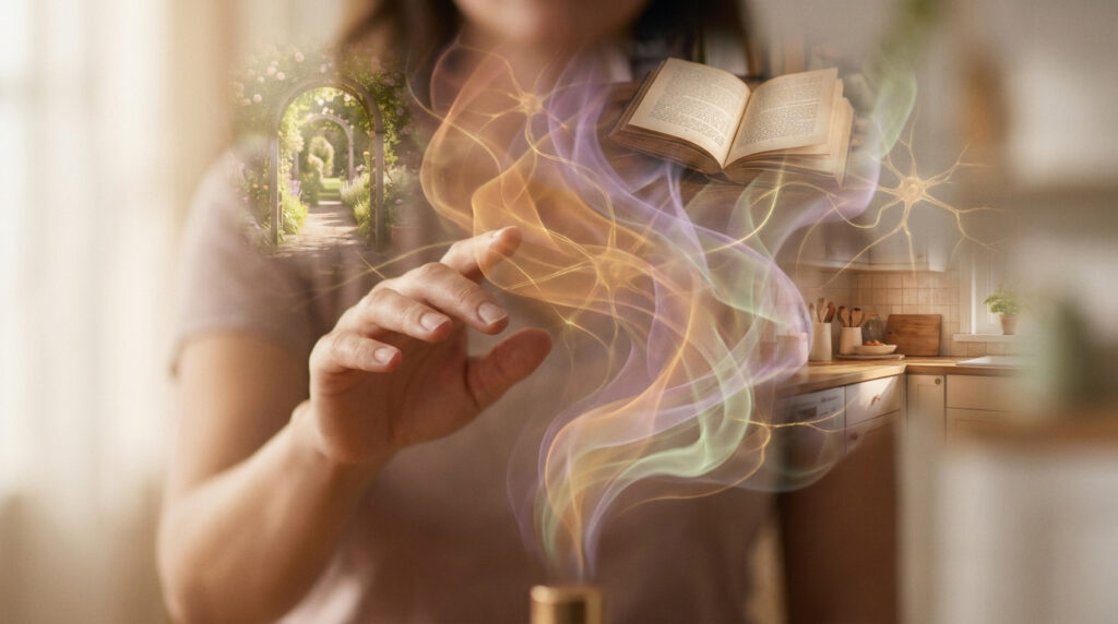 Une personne touche des volutes de fumée colorées évoquant des souvenirs de jardin, d'un livre et d'une cuisine.
