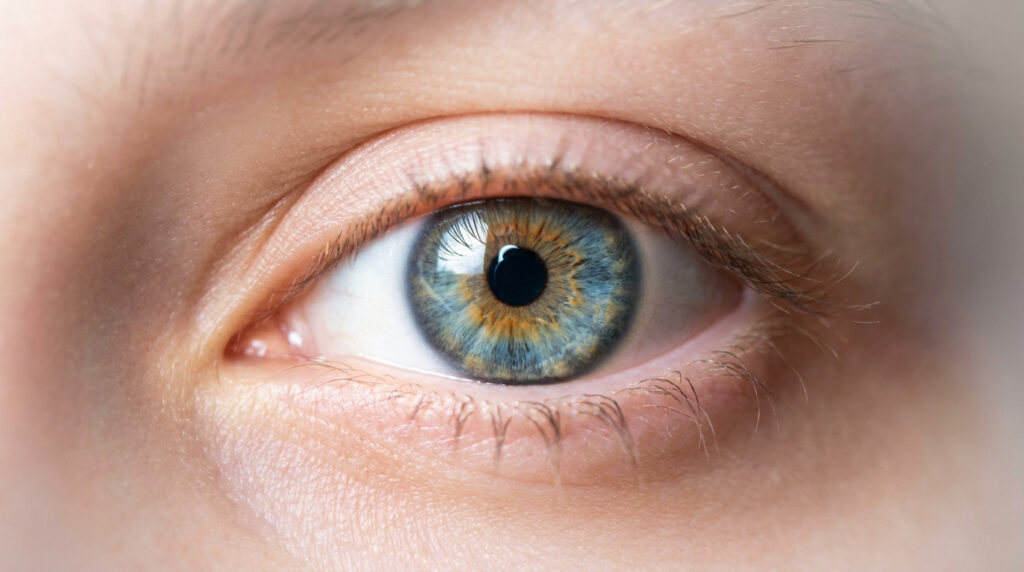 Gros plan sur un œil humain avec un iris bleu et brun.