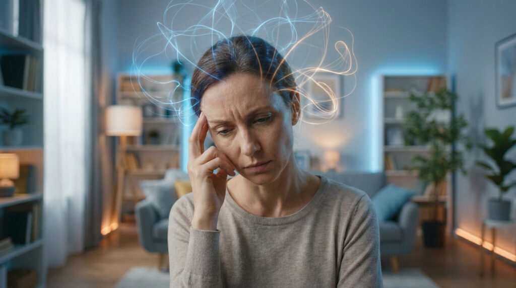 Une femme stressée avec des lignes lumineuses symbolisant l'activité cérébrale intense au-dessus de sa tête.