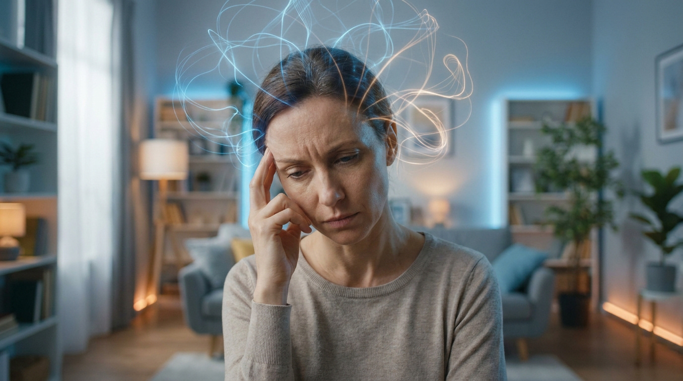 Une femme stressée avec des lignes lumineuses symbolisant l'activité cérébrale intense au-dessus de sa tête.