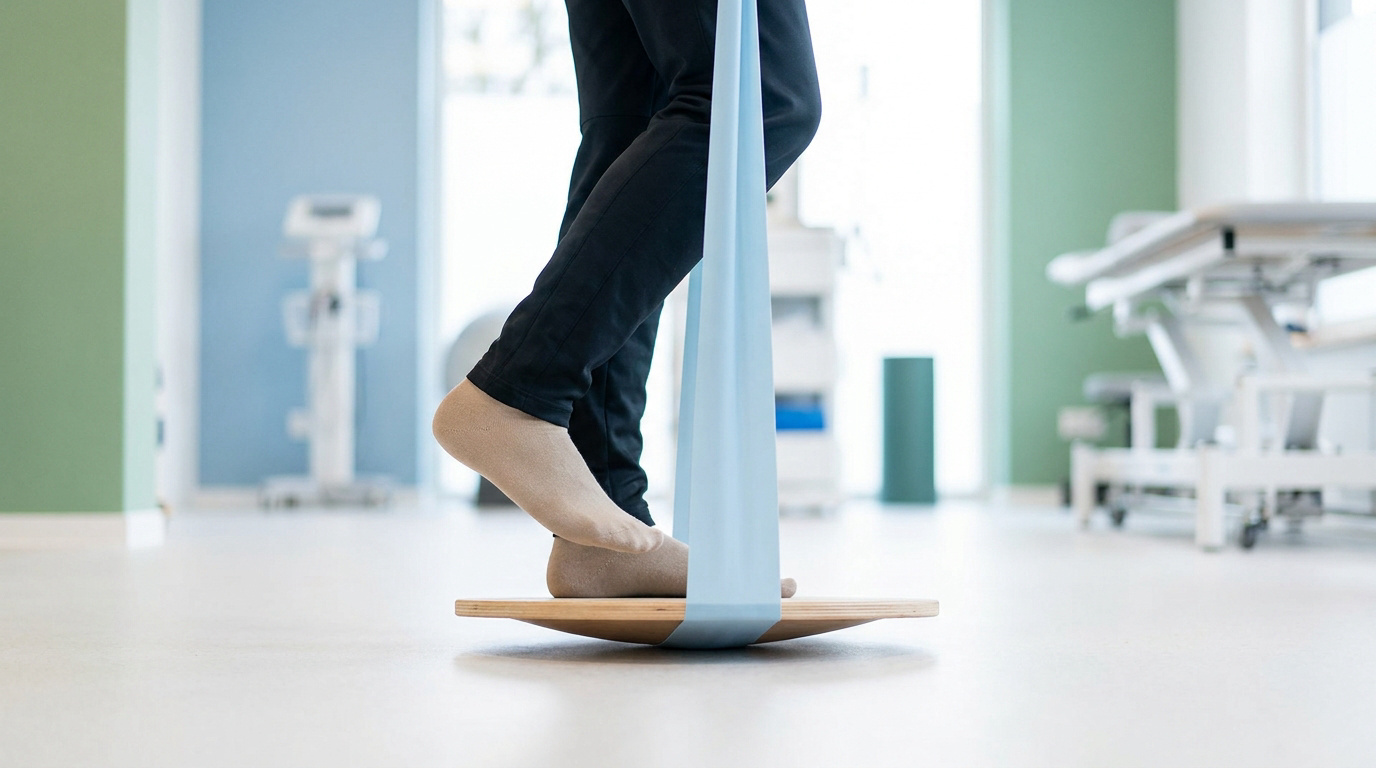 Patient faisant de la rééducation sur une planche d'équilibre avec une bande élastique dans un cabinet de kiné.