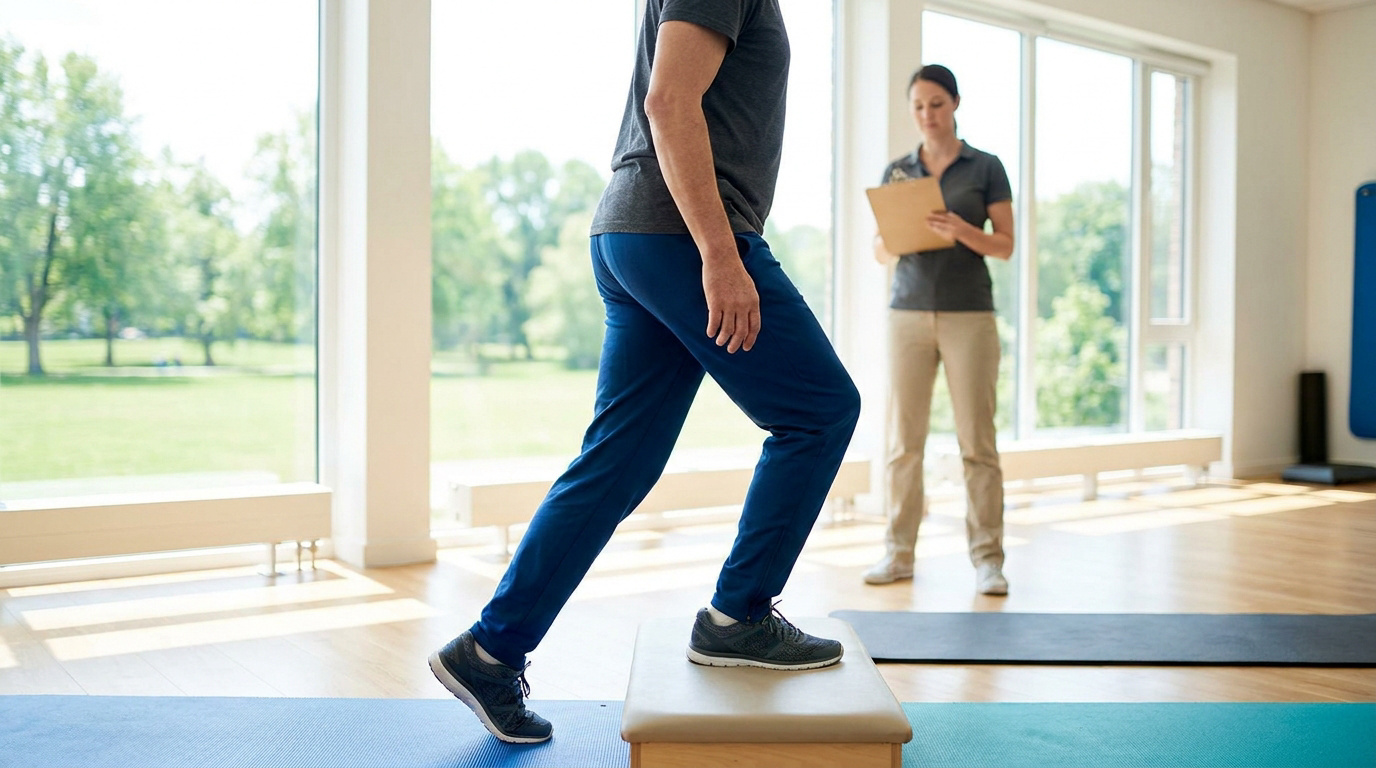 Un kinésithérapeute observe un patient faisant des exercices de step pour rééduquer son genou.