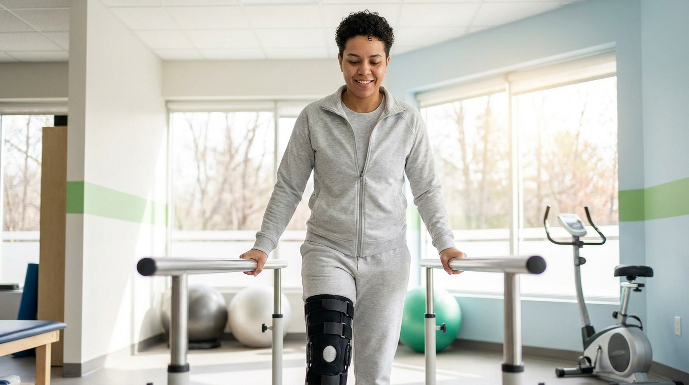 Une femme souriante avec une attelle de genou utilise des barres parallèles dans un centre de rééducation.