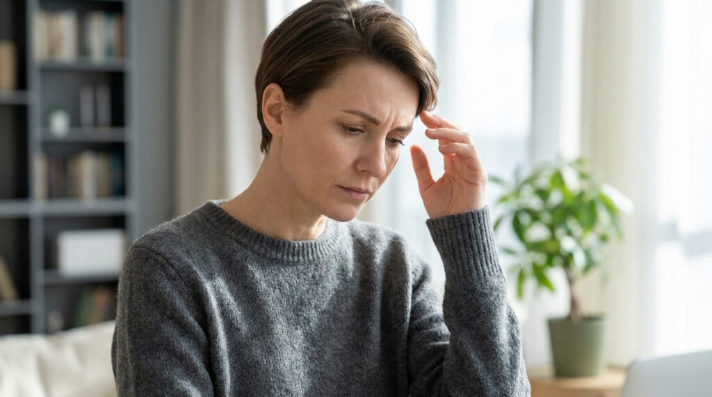 Femme aux cheveux courts portant un pull gris, touchant son front avec inquiétude, devant un ordinateur.