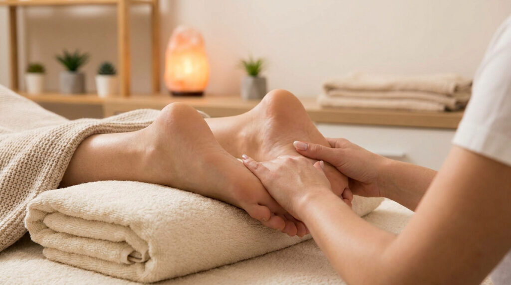 Un réflexologue pratique un massage des pieds sur une personne allongée dans un environnement relaxant.