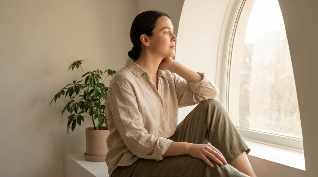 Une femme pensive assise près d'une fenêtre lumineuse, touchant sa nuque avec un air calme et reposé.