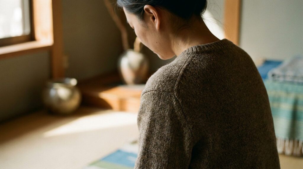 Une femme vue de dos, le regard baissé, vêtue d'un pull en laine, assise dans un intérieur apaisant.