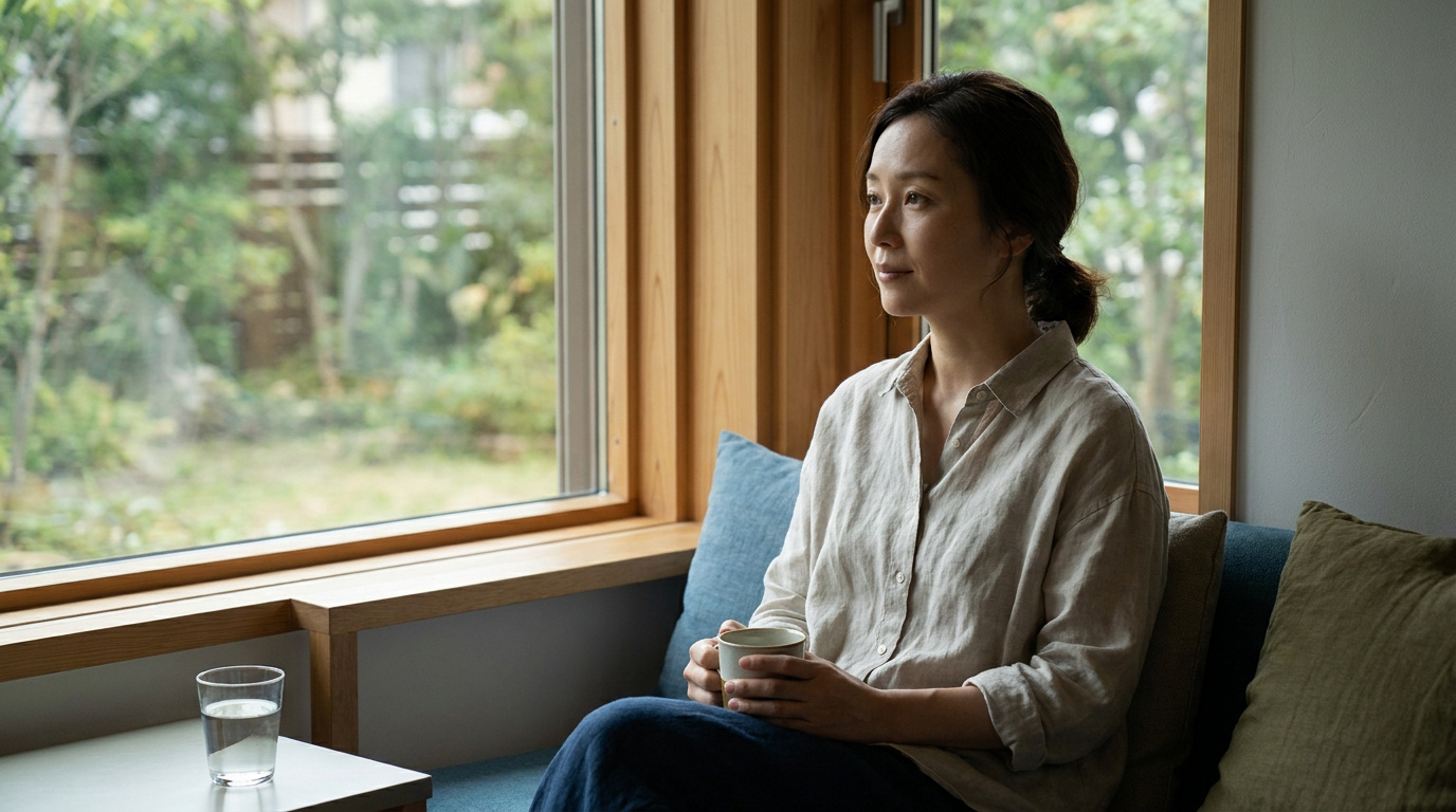 Une femme asiatique sereine assise près d'une fenêtre, tenant une tasse et regardant le jardin.