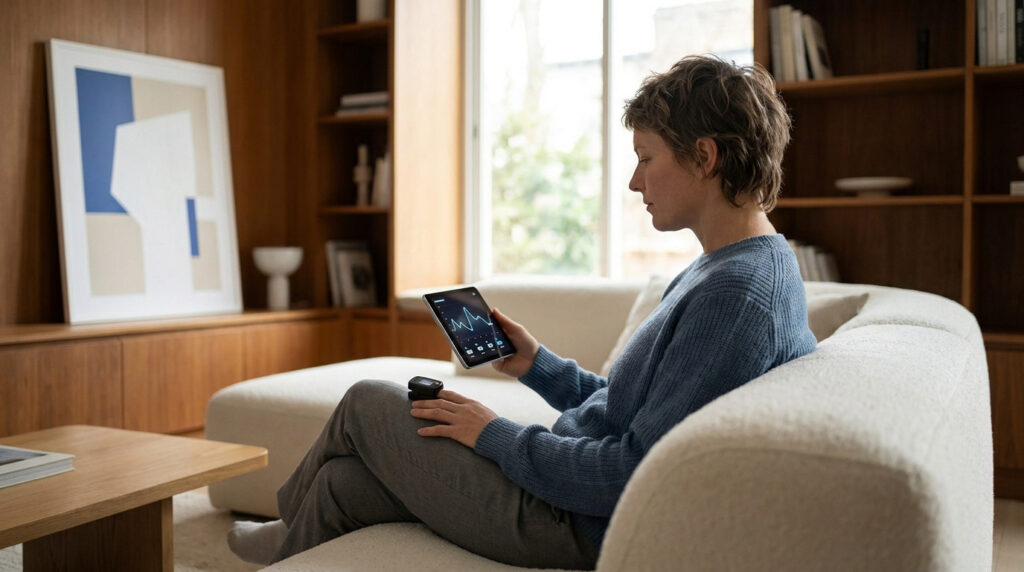 Une femme assise sur un canapé vérifie ses données de santé sur une tablette avec un oxymètre à son doigt.