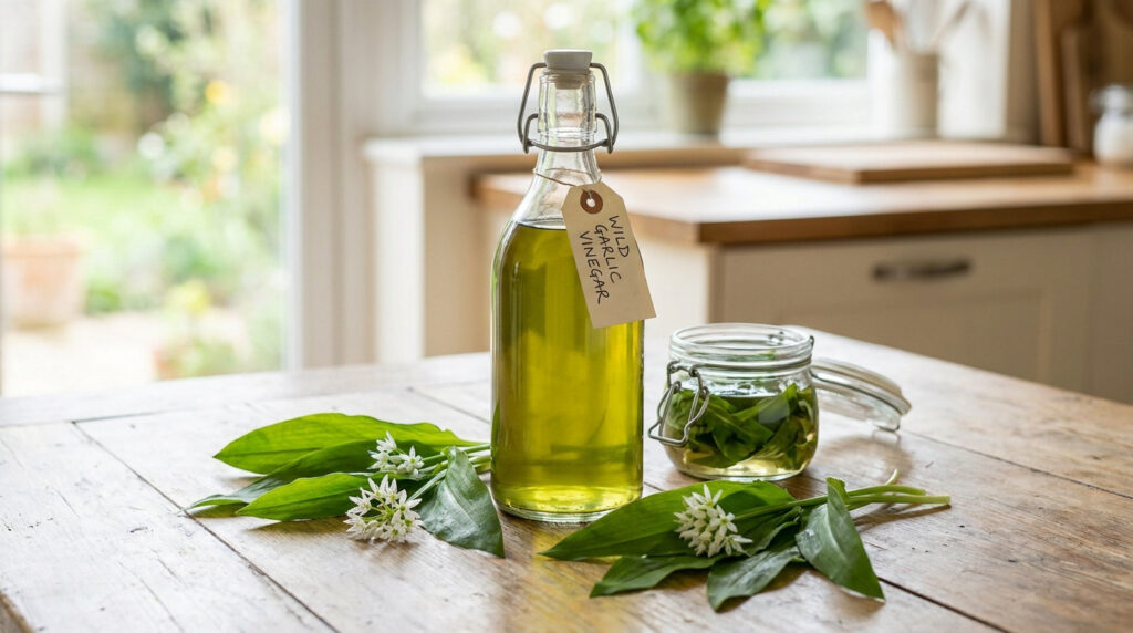 Bouteille de vinaigre à l'ail des ours sur une table en bois avec des feuilles et des fleurs fraîches à côté.