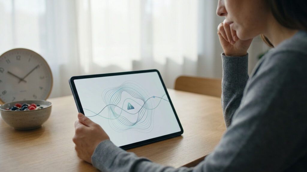 Une personne regarde une tablette affichant un symbole d'alerte avec des ondes graphiques.