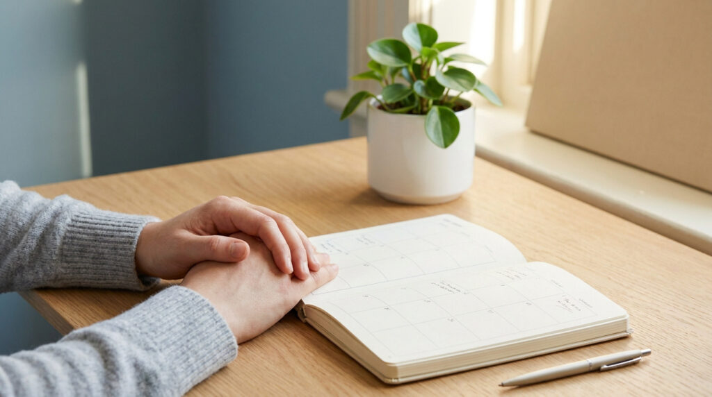 Mains posées sur un agenda ouvert, avec une plante verte sur un bureau, évoquant la planification du retour au travail.