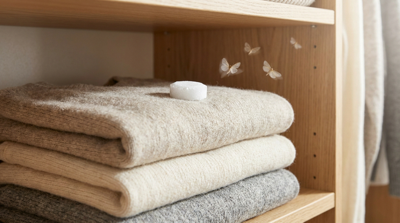Une pile de pulls en laine sur une étagère en bois avec une pastille de camphre et des mites volantes.