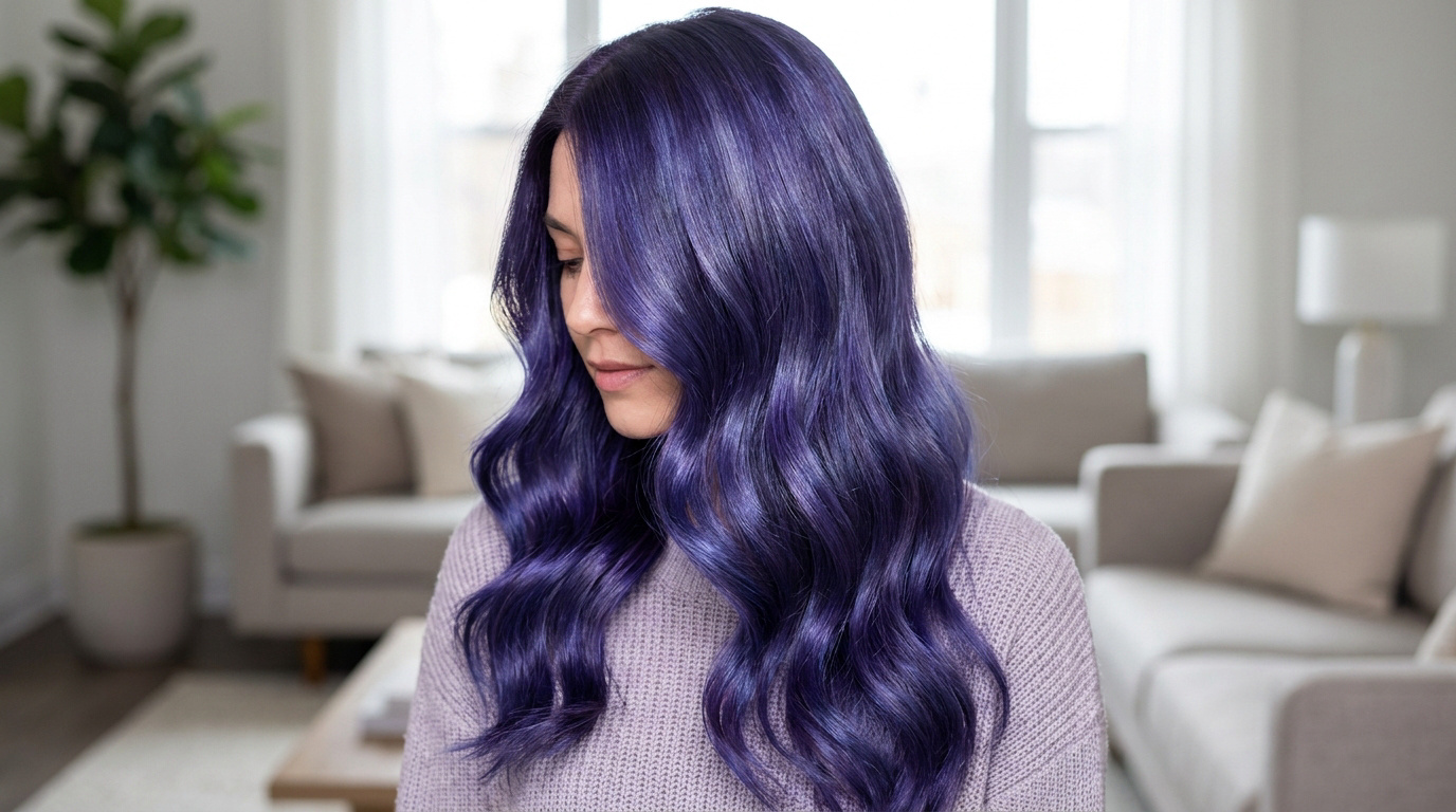 Femme avec de longs cheveux ondulés d'une couleur violette intense façon myrtille.