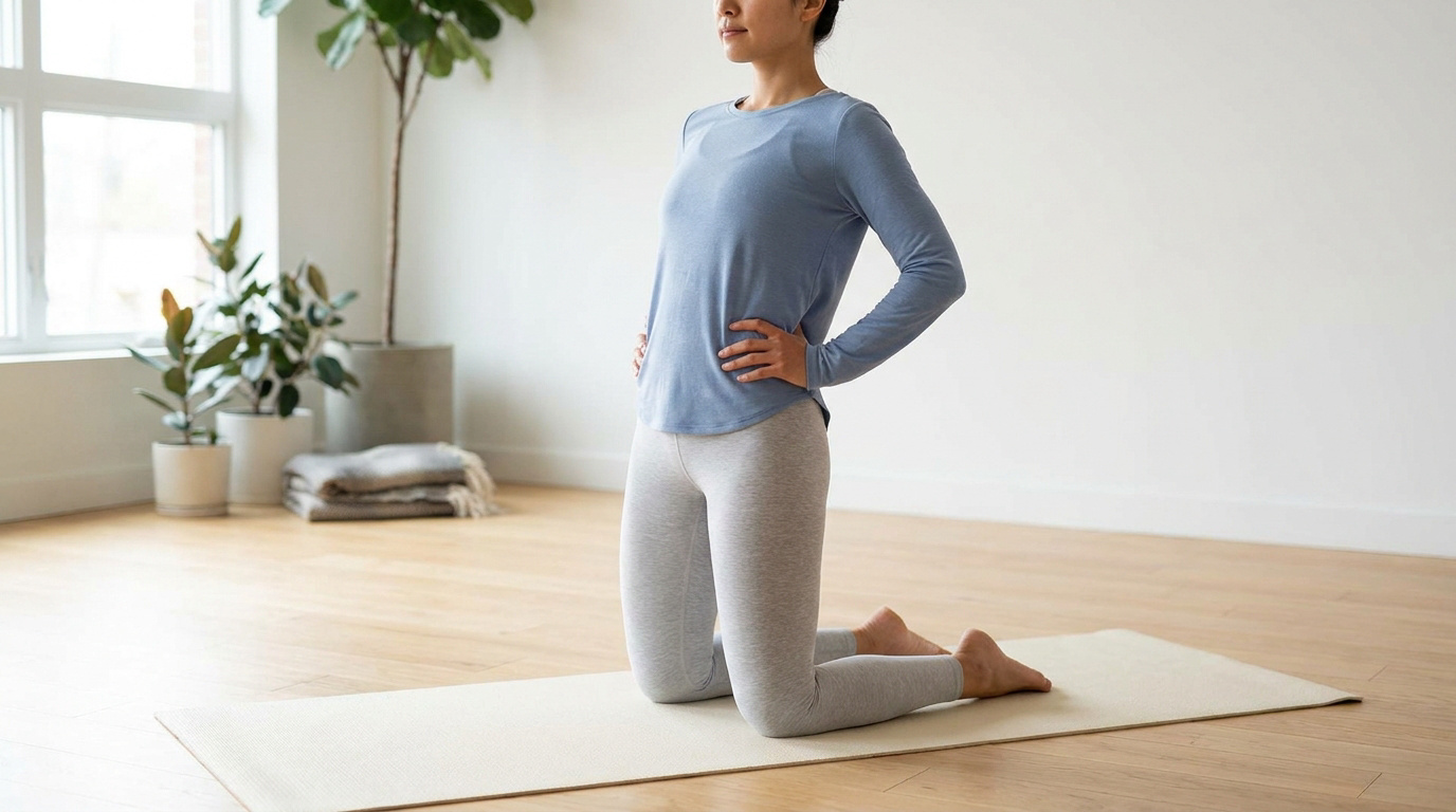 Une femme agenouillée sur un tapis de yoga, pratiquant des exercices de mobilité du bassin dans une pièce lumineuse.
