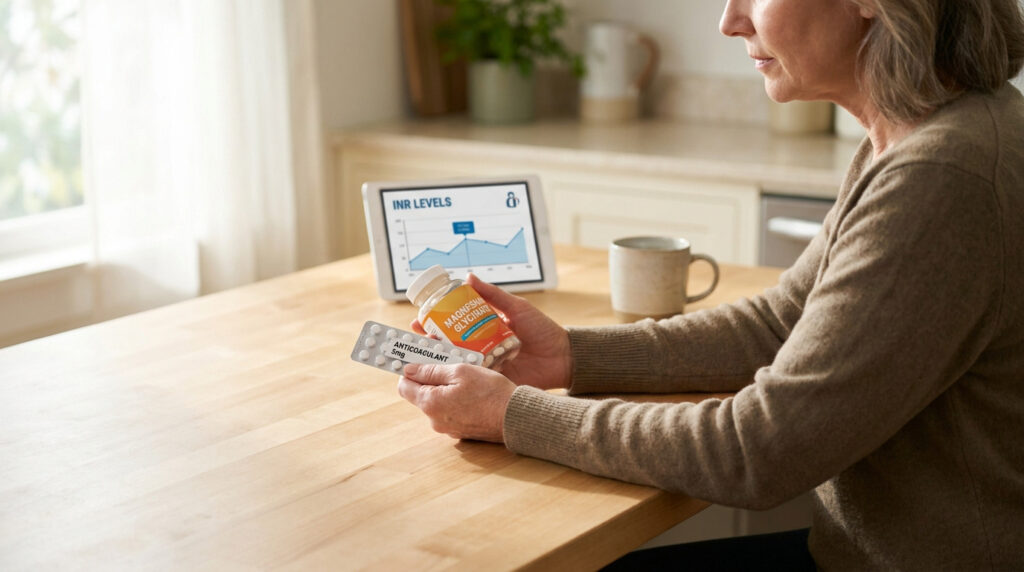 Une femme âgée examine une plaquette d'anticoagulant et un flacon de magnésium devant une tablette affichant son taux d'INR.