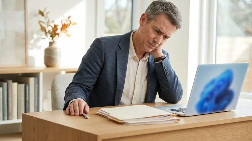Un homme d'affaires souffrant de douleurs au cou devant son ordinateur portable dans un bureau moderne.