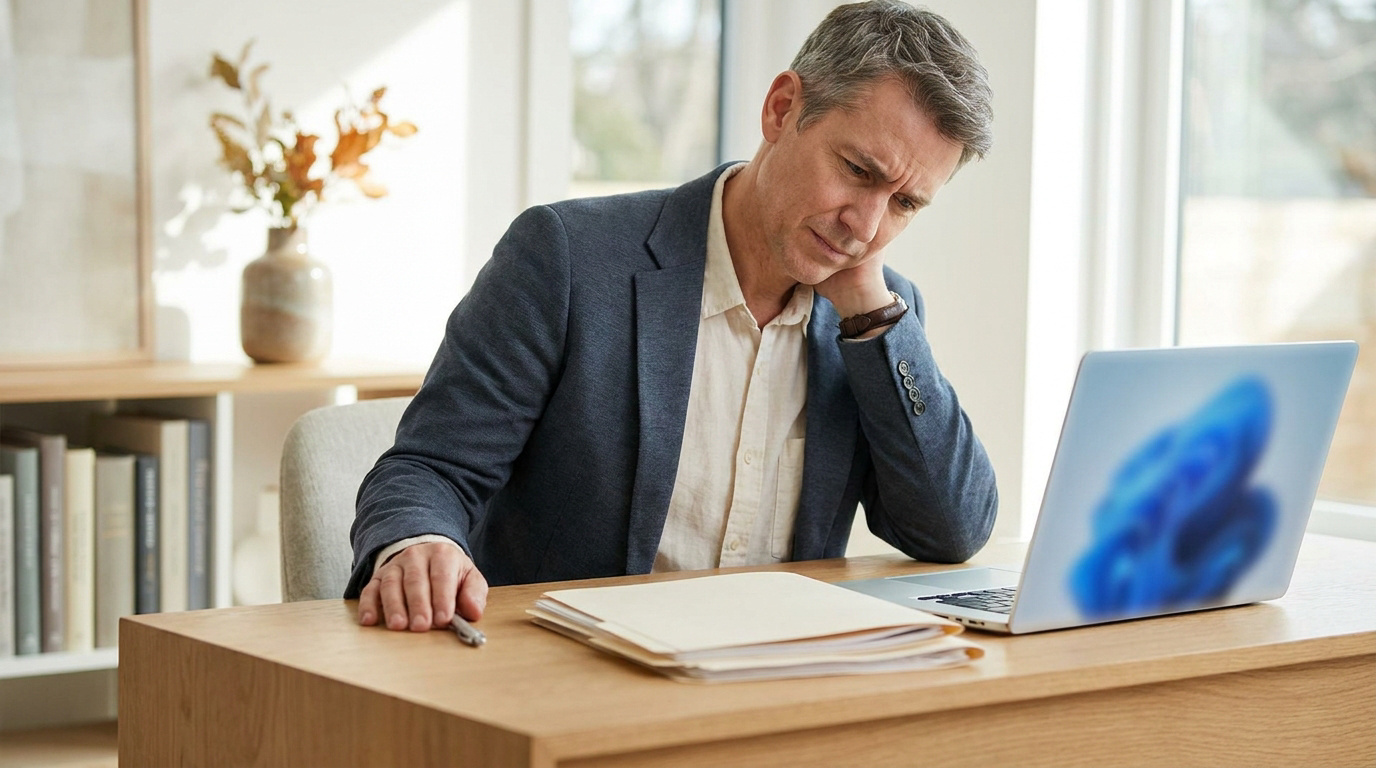 Un homme d'affaires souffrant de douleurs au cou devant son ordinateur portable dans un bureau moderne.