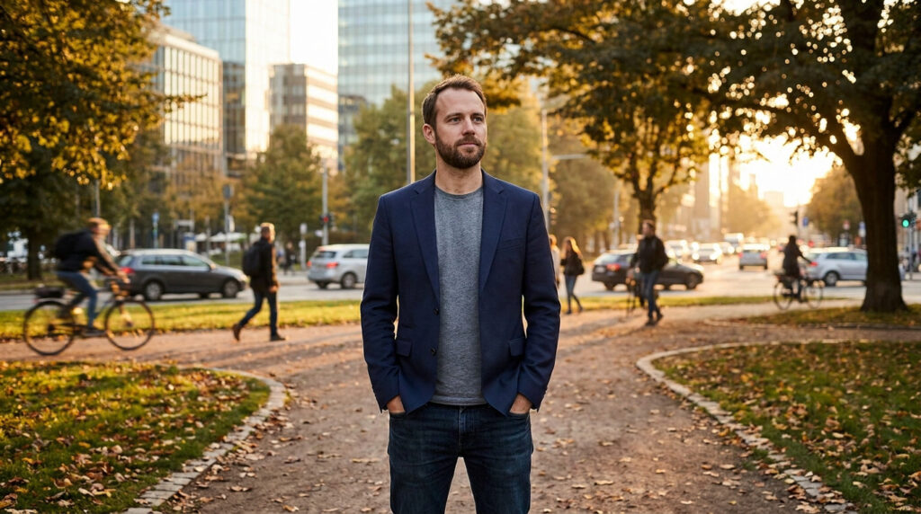 Un homme barbu en veste bleue debout dans un parc urbain au coucher du soleil, avec des passants en arrière-plan.
