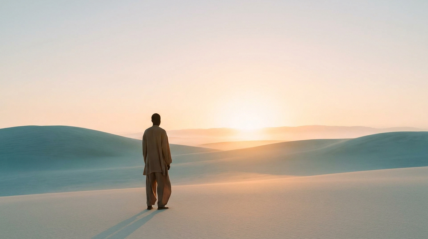 Une personne seule debout face au soleil couchant dans un paysage de dunes de sable vastes et apaisantes.