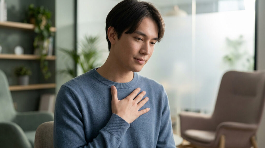 Un jeune homme porte une main sur sa poitrine avec une expression pensive dans un bureau lumineux.
