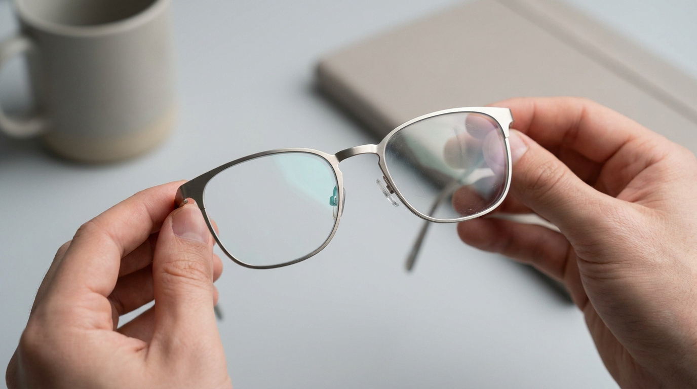 Une paire de lunettes à monture métallique tenue entre les mains au-dessus d'un bureau.