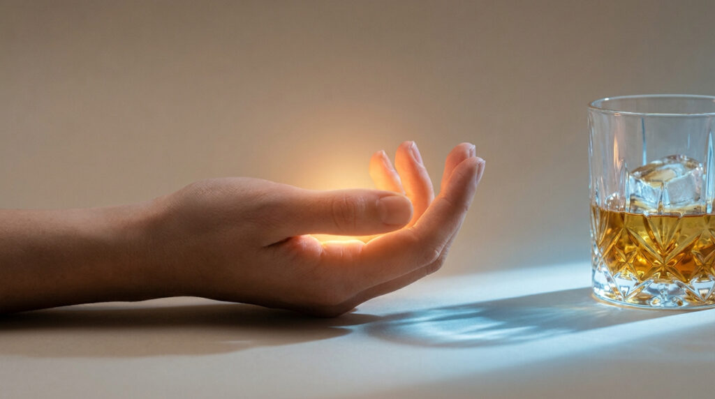 Une main ouverte tenant une lumière chaude face à un verre d'alcool avec des glaçons sur une surface neutre.