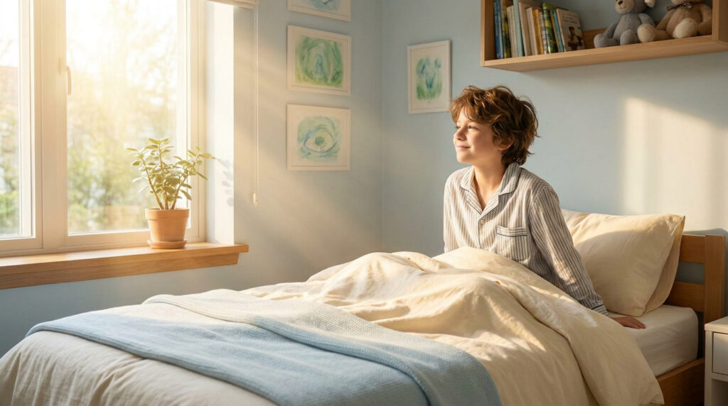 Un jeune garçon en pyjama souriant au réveil dans sa chambre lumineuse baignée par la lumière du soleil.