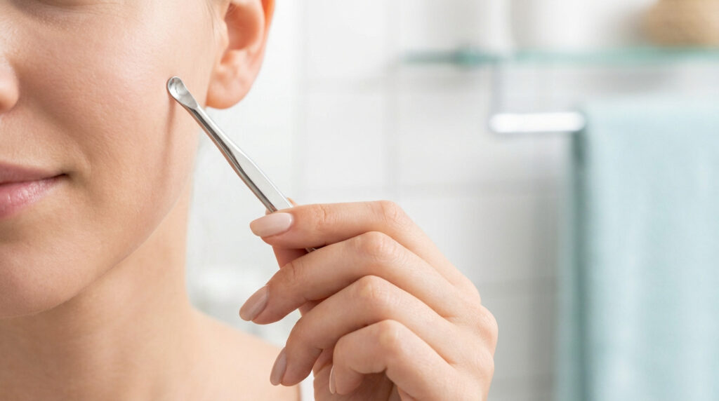 Une personne utilise délicatement un tire-comédon en métal sur la joue pour nettoyer ses pores en toute sécurité.