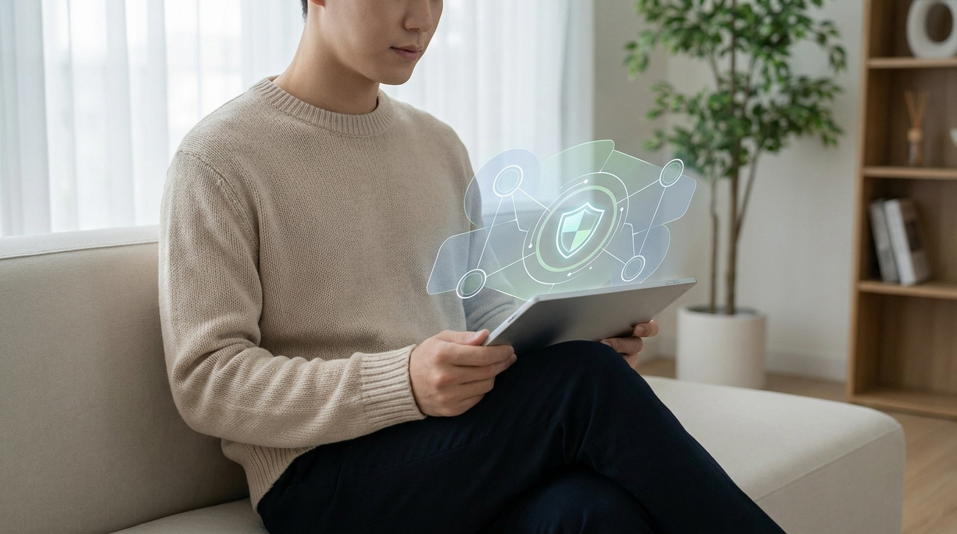 Un jeune homme assis sur un canapé utilise une tablette affichant une icône de bouclier numérique en hologramme.