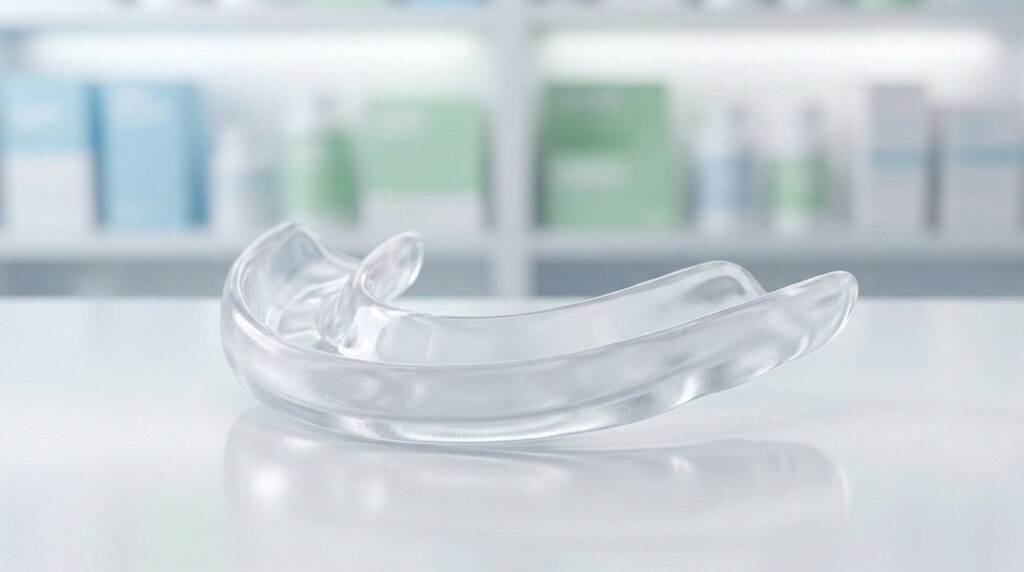 Gouttière occlusale transparente posée sur un comptoir dans une pharmacie.