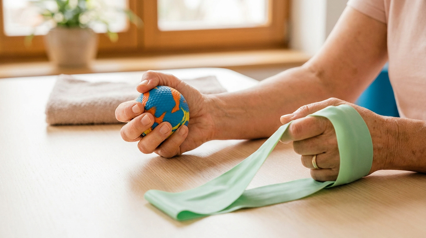 Personne utilisant une balle de rééducation et une bande élastique pour renforcer sa main et son poignet.