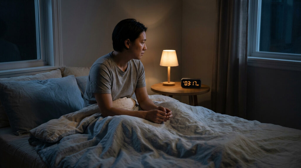 Une personne éveillée seule dans son lit à 3h17 du matin, l'air préoccupé dans une chambre sombre.