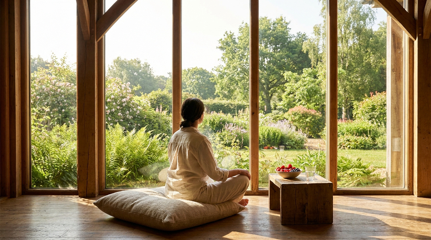 Une femme médite sur un coussin face à une grande baie vitrée donnant sur un jardin verdoyant et ensoleillé.