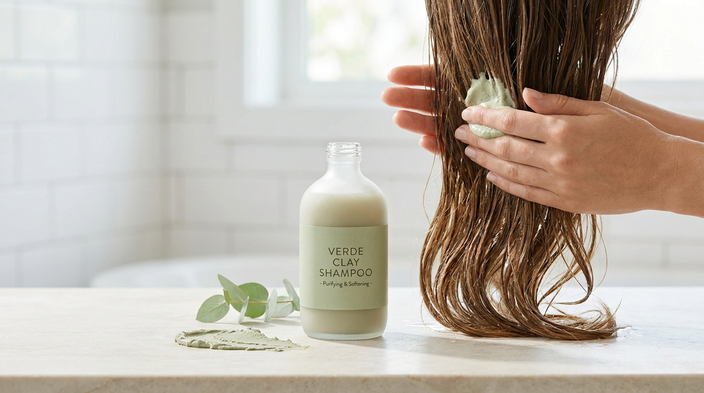 Mains appliquant un shampoing à l'argile verte sur des cheveux mouillés à côté d'un flacon de produit en pharmacie.