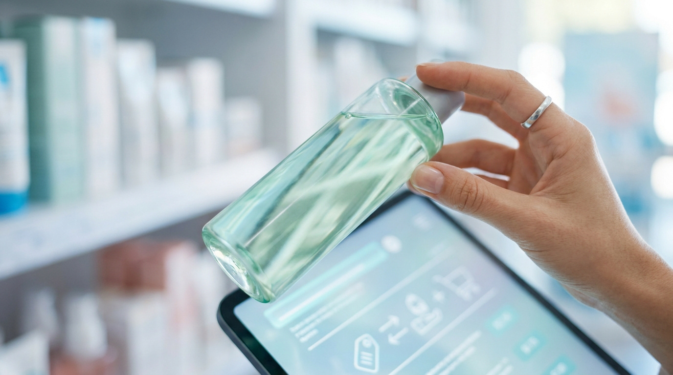 Une main tient une lotion transparente devant une tablette affichant des informations d'achat dans une pharmacie.