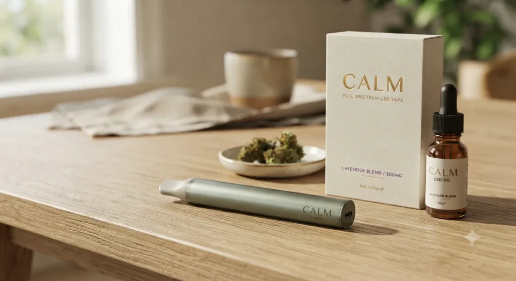 Vaporisateur CBD avec fleurs et flacon sur une table en bois
