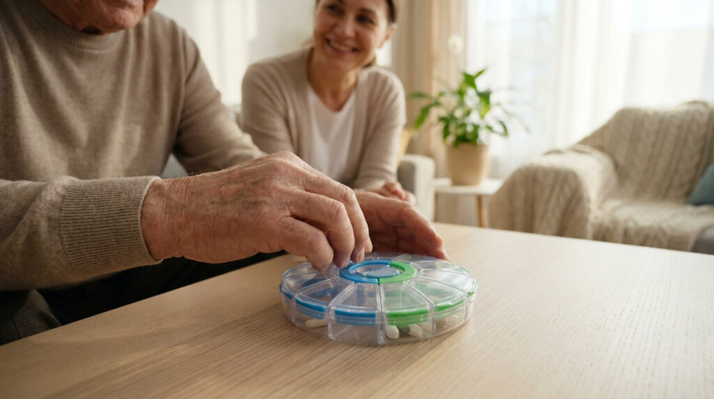 Une personne âgée utilise un pilulier circulaire sur une table, assistée par une femme bienveillante en arrière-plan.