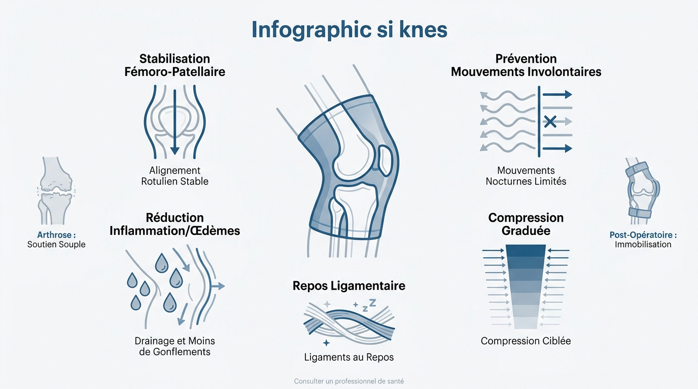 Infographie expliquant les bienfaits du port d'une genouillère durant la nuit pour la stabilisation et la compression