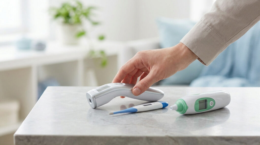 Main posant un thermomètre infrarouge sur une table à côté d'un thermomètre numérique classique et auriculaire.