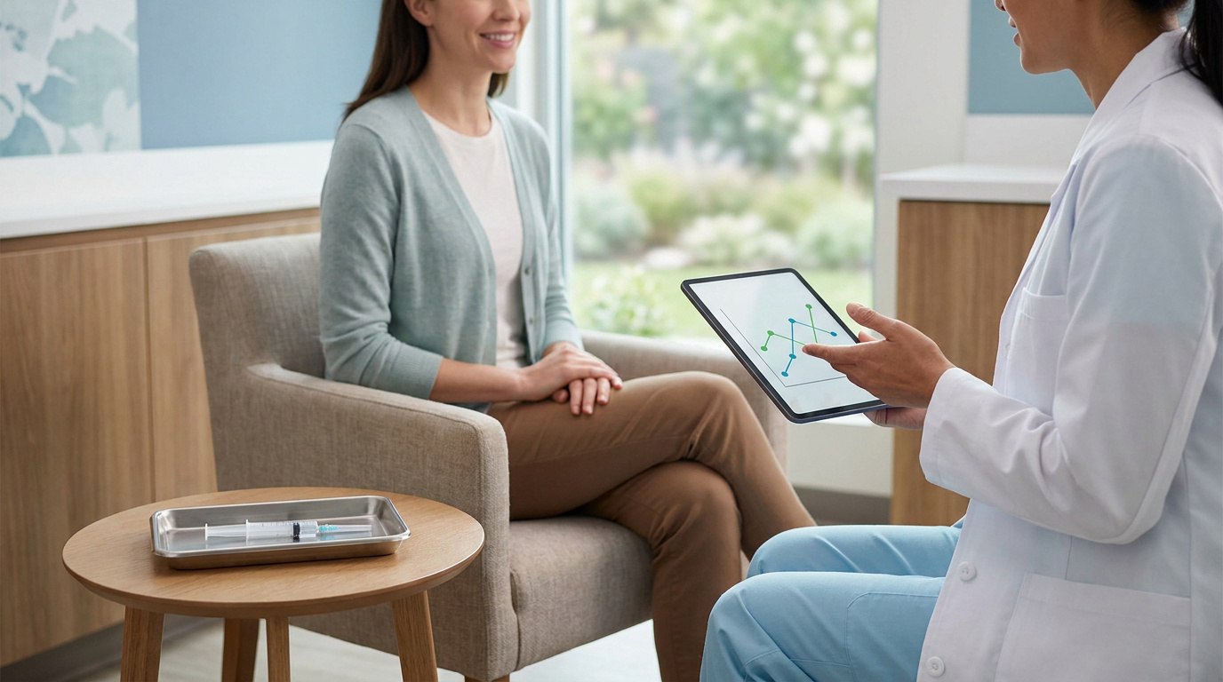 Un médecin montre un graphique sur une tablette numérique à une patiente lors d'une consultation médicale.