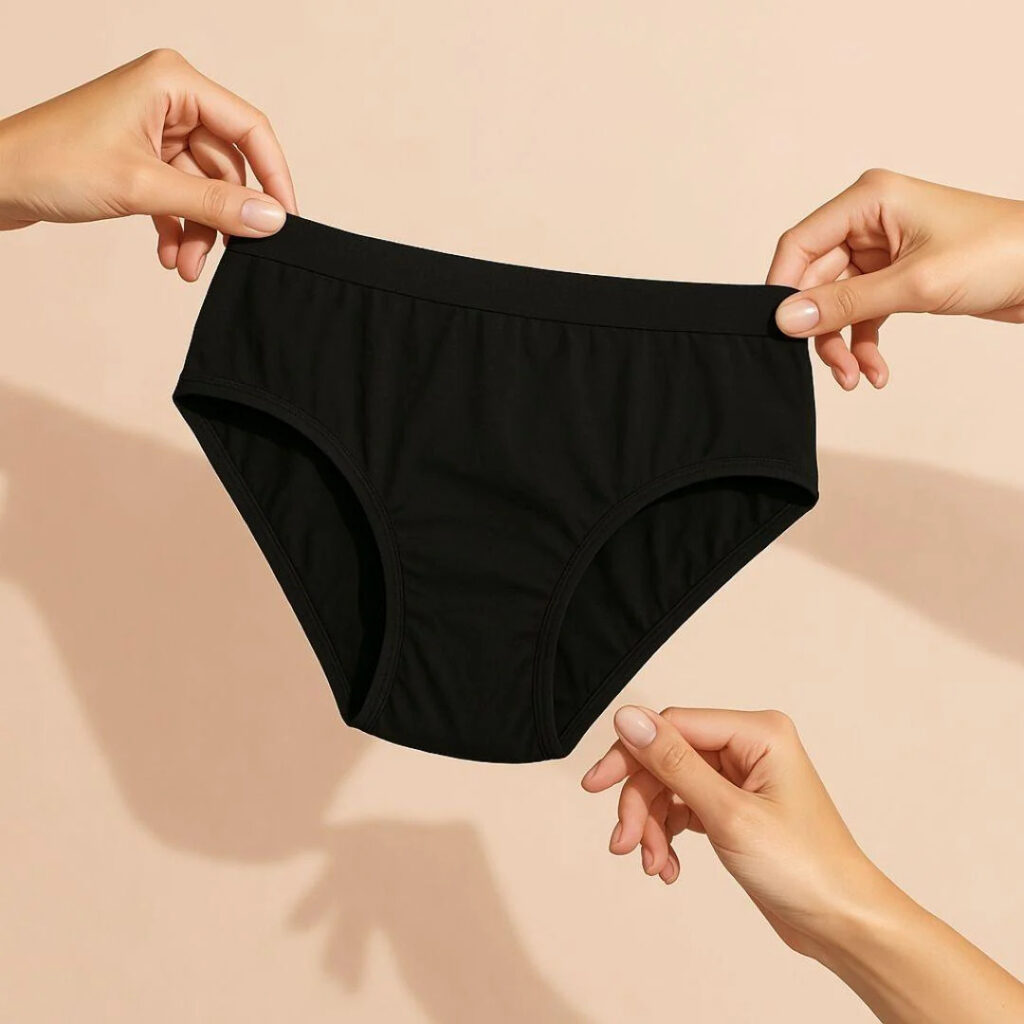 Culotte menstruelle noire présentée sur un fond beige — Elia
