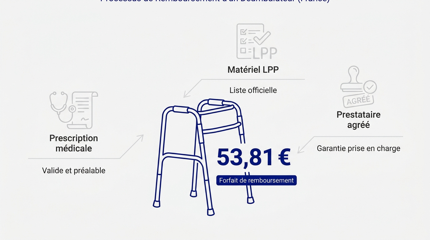 Tableau récapitulatif du forfait de remboursement de 53,81 euros pour un déambulateur par la Sécurité sociale