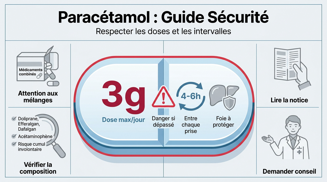 Tableau des dosages et intervalles de prise du paracétamol pour adulte et enfant