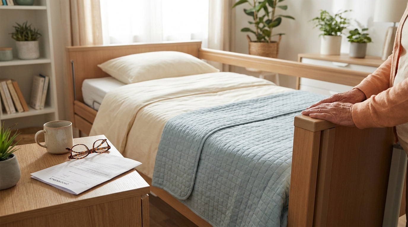 Personne âgée s'appuyant sur un lit médicalisé en bois avec une ordonnance posée sur une table de chevet.