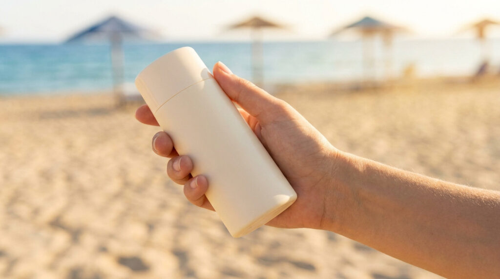 Une main tient un flacon de crème solaire vide sur une plage ensoleillée en arrière-plan.