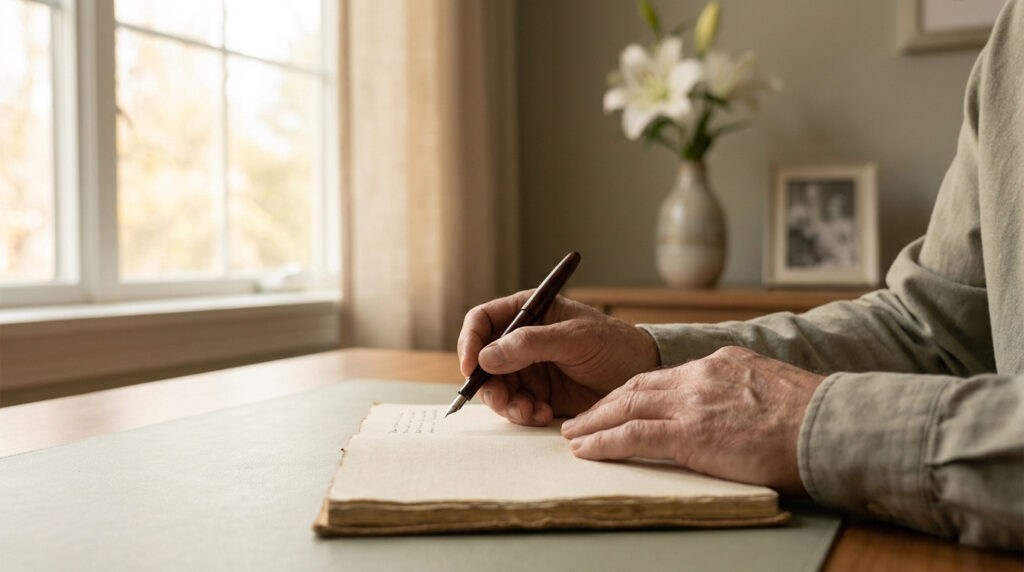 Mains d'une personne écrivant une lettre avec un stylo plume sur un bureau près d'une fenêtre et de lys blancs.
