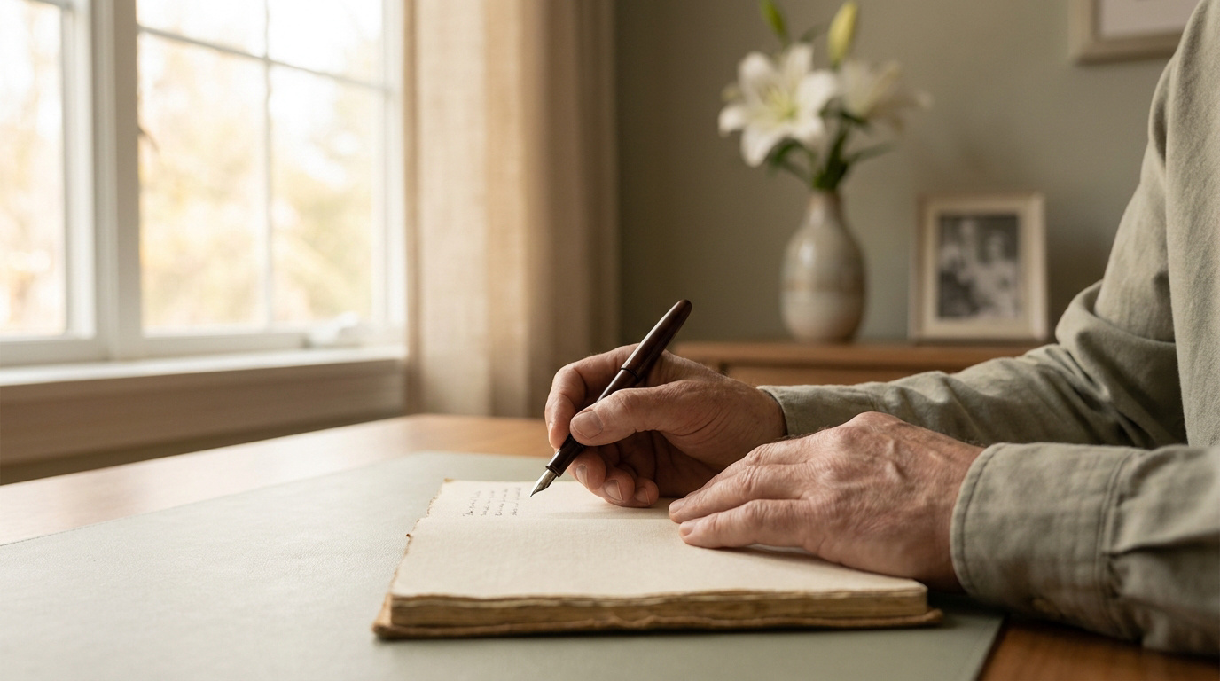 Mains d'une personne écrivant une lettre avec un stylo plume sur un bureau près d'une fenêtre et de lys blancs.
