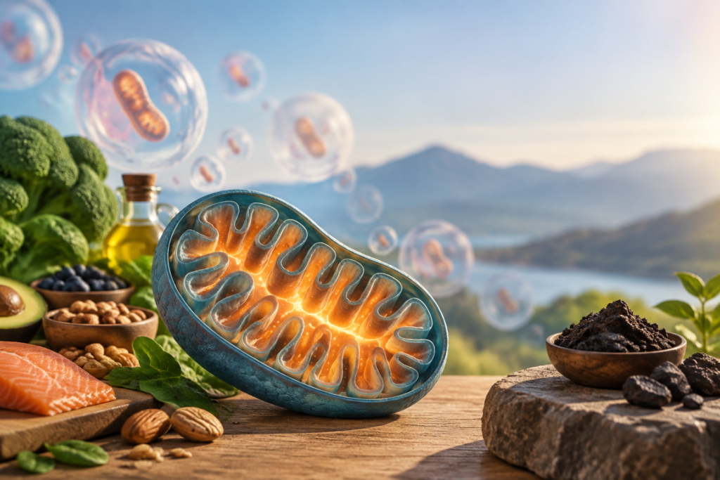 Illustration de mitochondrie et aliments sources de nutriments