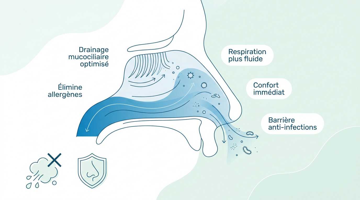 Illustration des bénéfices du nettoyage nasal au sérum physiologique pour la protection des muqueuses